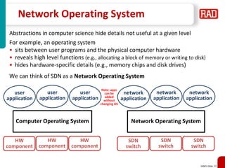 SDNFV Slide 24
Network Operating System
Abstractions in computer science hide details not useful at a given level
For example, an operating system
• sits between user programs and the physical computer hardware
• reveals high level functions (e.g., allocating a block of memory or writing to disk)
• hides hardware-specific details (e.g., memory chips and disk drives)
We can think of SDN as a Network Operating System
user
application
Computer Operating System
HW
component
user
application
user
application
HW
component
HW
component
network
application
Network Operating System
SDN
switch
network
application
network
application
SDN
switch
SDN
switch
Note: apps
can be
added
without
changing OS
 