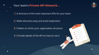 Your team’s Private API Network...
1 A directory of the most important APIs for your team
2 Make discovery easy and avoid duplication
3 Folders to mimic your organization structure
4 Provide details of the API on how to use it
 