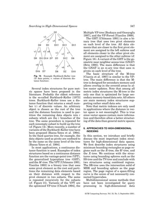 Searching in High-Dimensional Spaces

Fig. 14. Example Burkhard–Keller tree
(D: data points, v: values of discrete distance function).

Several index structures for pure metric spaces have been proposed in the
literature. Probably the oldest reference
is the so-called Burkhard–Keller [1973]
trees. Burkhard–Keller trees use a distance function that returns a small number (i) of discrete values. An arbitrary
object is chosen as the root of the tree
and the distance function is used to partition the remaining data objects into i
subsets which are the i branches of the
tree. The same procedure is repeated for
each nonempty subset to build up the tree
(cf. Figure 14). More recently, a number of
variants of the Burkhard–Keller tree have
been proposed [Baeza-Yates et al. 1994].
In the ﬁxed queries tree, for example, the
data objects used as pivots are conﬁned to
be the same on the same level of the tree
[Baeza-Yates et al. 1994].
In most applications, a continuous distance function is used. Examples of index
structures based on a continuous distance
function are the vantage-point tree (VPT),
the generalized hyperplane tree (GHT),
and the M -tree. The VPT [Uhlmann 1991;
Yianilos 1993] is a binary tree that uses
some pivot element as the root and partitions the remaining data elements based
on their distance with respect to the
pivot element in two subsets. The same
is repeated recursively for the subsets
(cf. Figure 15). Variants of the VPT are
the optimized VP-tree [Chiueh 1994], the

347
Multiple VP-tree [Bozkaya and Ozsoyoglu
1997], and the VP-Forest [Yianilos 1999].
The GHT [Uhlmann 1991] is also a binary tree that uses two pivot elements
on each level of the tree. All data elements that are closer to the ﬁrst pivot element are assigned to the left subtree and
all elements closer to the other pivot element are assigned to the other subtree (cf.
Figure 16). A variant of the GHT is the geometric near neighbor access tree (GNAT)
[Brin 1995]. The main difference is that
the GNAT is an m-ary tree that uses m
pivots on each level of the tree.
The basic structure of the M-tree
[Ciaccia et al. 1997] is similar to the VPtree. The main difference is that the Mtree is designed for secondary memory and
allows overlap in the covered areas to allow easier updates. Note that among all
metric index structures the M-tree is the
only one that is optimized for large secondary memory-based data sets. All others
are main memory index structures supporting rather small data sets.
Note that metric indexes are only used
in applications where the distance in vector space is not meaningful. This is true
since vector spaces contain more information and therefore allow a better structuring of the data than general metric spaces.
6. APPROACHES TO HIGH-DIMENSIONAL
INDEXING

In this section, we introduce and brieﬂy
discuss the most important index structures for high-dimensional data spaces.
We ﬁrst describe index structures using
minimum bounding rectangles as page regions such as the R-tree, the R -tree, and
the X -tree. We continue with the structures using bounding spheres such as the
SS-tree and the TV-tree and conclude with
two structures using combined regions.
The SR-tree uses the intersection solid of
MBR and bounding sphere as the page
region. The page region of a space-ﬁlling
curve is the union of not necessarily connected hypercubes.
Multidimensional access methods that
have not been investigated for query
processing in high-dimensional data
ACM Computing Surveys, Vol. 33, No. 3, September 2001.

 