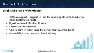 The Black Duck Solution
Black Duck key differentiators
• Platform-agnostic support in Hub for analyzing all content (whether
inside containers or not)
• Signature-based file identification
• Automated identification
• Able to show in which layer the component was introduced
• Vulnerability reporting over time / alerting
10Black Duck Customer Conference
 