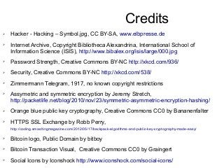 Credits
➢ Hacker - Hacking – Symbol.jpg, CC BY-SA, www.elbpresse.de
➢ Internet Archive, Copyright Bibliotheca Alexandrina, International School of
Information Science (ISIS), http://www.bibalex.org/isis/large/000.jpg
➢ Password Strength, Creative Commons BY-NC http://xkcd.com/936/
➢ Security, Creative Commons BY-NC http://xkcd.com/538/
➢ Zimmermann Telegram, 1917, no known copyright restrictions
➢ Assymetric and symmetric encryption by Jeremy Stretch,
http://packetlife.net/blog/2010/nov/23/symmetric-asymmetric-encryption-hashing/
➢ Orange blue public key cryptography, Creative Commons CC0 by Bananenfalter
➢ HTTPS SSL Exchange by Robb Perry,
http://coding.smashingmagazine.com/2012/05/17/backpack-algorithms-and-public-key-cryptography-made-easy/
➢ Bitcoin logo, Public Domain by bitboy
➢ Bitcoin Transaction Visual, Creative Commons CC0 by Graingert
➢ Social Icons by Iconshock http://www.iconshock.com/social-icons/
 