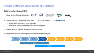 perforce.com9 | © Perforce Software, Inc.
Build Security into your SDLC
• Follow Secure Coding Standards
• Enforce Security Compliance using Tools
• Using both SAST/DAST tools together
should be part of every effective security program.
• Provide Security Training & Learning for your teams
• Incorporate security scanning into your development lifecycle
Secure Software Development Practices
Plan Code Build Test Release Deploy Operate Monitor
SAST
DAST
 
