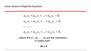 Linear System of Algebraic Equations

... where the x1, x2, ... , xn are the unknowns ...
in matrix form
Ax = b

 