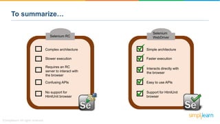 Simple architecture
Faster execution
Interacts directly with
the browser
Easy to use APIs
Support for HtmlUnit
browser
Complex architecture
Slower execution
Requires an RC
server to interact with
the browser
Confusing APIs
No support for
HtmlUnit browser
To summarize…
Selenium
WebDriverSelenium RC
 