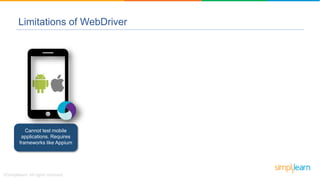 Cannot handle
pop-ups and
advertisement
windows
Limitations of WebDriver
Cannot test mobile
applications. Requires
frameworks like Appium
 