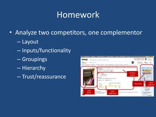Homework
• Analyze two competitors, one complementor
  – Layout
  – Inputs/functionality
  – Groupings
  – Hierarchy
                                                  Product

  – Trust/reassurance                             (noun)



                                                                       Costs
                                                        Buy (verb)
                                                                     (adverb)


                            Look      Costs
                           (verb)   (adjective)
 
