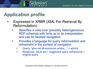 Application profile Expressed in XRBR (XML For Retrieval By Reformulation) Specifies a view over (possibly heterogeneous) RDF schemas with hints as to its interpretation and use for faceted navigation Provides a language for query reformulation and refinement in the context of navigation Query: “give me all resources where…” + advice  Response: result set +  suggested query refinements  + original query 