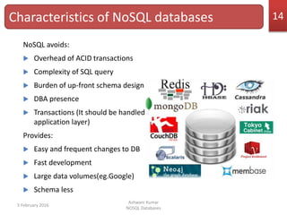 NoSQL avoids:
 Overhead of ACID transactions
 Complexity of SQL query
 Burden of up-front schema design
 DBA presence
 Transactions (It should be handled at
application layer)
Provides:
 Easy and frequent changes to DB
 Fast development
 Large data volumes(eg.Google)
 Schema less
5 February 2016
Ashwani Kumar
NOSQL Databases
Characteristics of NoSQL databases 14
 