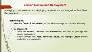 Version Control and Deployment
Managing code versions and deploying applications are integral to Full Stack
Development.
•Technologies:
o Version Control: Git, GitHub, or GitLab to manage source code efficiently.
o Deployment:
 Tools like Docker, Jenkins, and Kubernetes are used to package and
deploy applications.
 Cloud services like AWS, Microsoft Azure, and Google Cloud provide
scalability and availability.
 