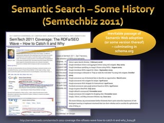 Inevitable passage of 
Semantic Web adoption 
(or some version thereof) 
– culminating in 
schema.org 
http://semanticweb.com/semtech-2011-coverage-the-rdfaseo-wave-how-to-catch-it-and-why_b20458 
 