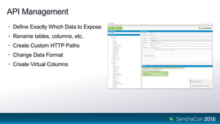 API Management
• Define Exactly Which Data to Expose
• Rename tables, columns, etc.
• Create Custom HTTP Paths
• Change Data Format
• Create Virtual Columns
 