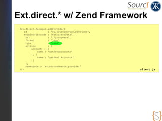 Ext.direct.* w/ Zend Framework
 Ext.direct.Manager.addProvider({
    id                : 'eu.sourcedevcon.provider',
    enableUrlEncode : 'extDirectData',
     url              : './groupware',
     format           : 'json',
     type             : 'zend',
     actions          : {
          account : [{
               name : 'getFeedAccounts'
          }, {
               name : 'getEmailAccounts'
          }]
     },
     namespace : 'eu.sourcedevcon.provider'
 });                                                  client.js
 