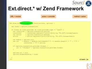 Ext.direct.* w/ Zend Framework
URL = module                            action = controller                    method = action



Ext.Ajax.on('beforerequest', function(conn, options) {

  var trans = options.transaction;

  if (trans && trans.provider && trans.provider.type == 'zend') {
    var controller = options.transaction.action;
    controller     = controller.replace(/([a-z])([A-Z])/g, "$1.$2").toLowerCase();
    var action     = options.transaction.method;
    action         = action.replace(/([a-z])([A-Z])/g, "$1.$2").toLowerCase();

      var module = options.url;
      var url    = module + (module.lastIndexOf('/') == module.length-1 ? '' : '/') +
                   controller + '/' + action;

      if (options.transaction.provider.format) {
          url += '/format/' + options.transaction.provider.format;
      }

      options.url = url;
      options.disableCaching = true;

  }
});                                                                                     client.js
 