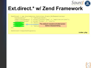 Ext.direct.* w/ Zend Framework
 $extDirect = new Sourcedevcon_Controller_Plugin_ExtRequest(array(
     'extParameter'      => 'extDirectData',
     'additionalHeaders' => array('Content-Type' => 'application/json'),
     'additionalParams' => array('format' => 'json'),
     'action'            => 'multi.request',
     'controller'        => 'ext', The default module/controller/action
     'module'            => 'default'     before disassembling
 ));

 $extDirect->registerPlugins();
                                                                           index.php
 
