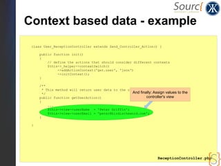 Context based data - example
 class User_ReceptionController extends Zend_Controller_Action() {

     public function init()
     {
         // define the actions that should consider different contexts
         $this->_helper->contextSwitch()
              ->addActionContext('get.user', 'json')
              ->initContext();
     }

     /**
       * This method will return user data to the client as requested.
       */                                           And finally: Assign values to the
     public function getUserAction()                        controller's view
     {
          ...
          $this->view->userName = 'Peter Griffin';
          $this->view->userEmail = 'peter@birdistheword.com';
     }

 }




                                                                    ReceptionController.php
 