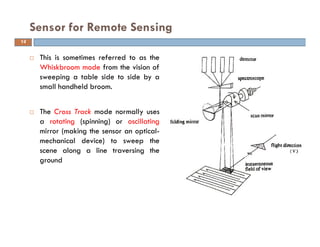This is sometimes referred to as the
Whiskbroom mode from the vision of
sweeping a table side to side by a
small handheld broom.
The Cross Track mode normally uses
a rotating (spinning) or oscillating
mirror (making the sensor an optical-
mechanical device) to sweep the
scene along a line traversing the
ground
Sensor for Remote Sensing
14
 