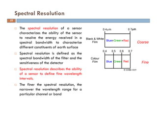 The spectral resolution of a sensor
characterizes the ability of the sensor
to resolve the energy received in a
spectral bandwidth to characterise
different constituents of earth surface
Spectral resolution is defined as the
spectral bandwidth of the filter and the
sensitiveness of the detector
Spectral resolution describes the ability
of a sensor to define fine wavelength
intervals.
The finer the spectral resolution, the
narrower the wavelength range for a
particular channel or band
Spectral Resolution
Coarse
Fine
23
 
