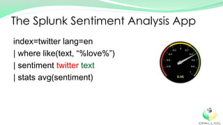 index=twitter lang=en
| where like(text, %love% )
| sentiment twitter text
| stats avg(sentiment)
The Splunk Sentiment Analysis App
 