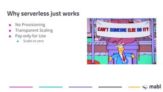 Why serverless just works
■ No Provisioning
■ Transparent Scaling
■ Pay only for Use
▲ Scales to zero
14
 