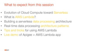 What to expect from this session
•  Evolution of Cloud Compute toward Serverless
•  What is AWS Lambda?
•  Building a serverless data processing architecture
•  Real-time data processing architecture patterns
•  Tips and tricks for using AWS Lambda
•  Live demo of Apigee + AWS Lambda app
 
