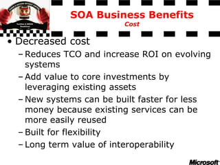 SOA Business Benefits
Cost
• Decreased cost
– Reduces TCO and increase ROI on evolving
systems
– Add value to core investments by
leveraging existing assets
– New systems can be built faster for less
money because existing services can be
more easily reused
– Built for flexibility
– Long term value of interoperability
 