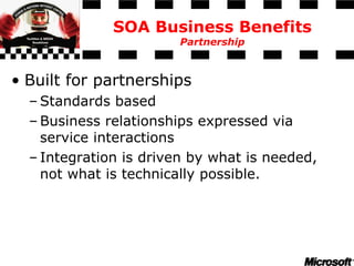 SOA Business Benefits
Partnership
• Built for partnerships
– Standards based
– Business relationships expressed via
service interactions
– Integration is driven by what is needed,
not what is technically possible.
 