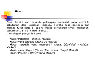 Pasar
●Pasar Potensial (Potential Market)
●Pasar yang tersedia (Available Market)
●Pasar tersedia yang memenuhi syarat (Qualified Available
Market)
●Pasar yang dilayani (Served Market atau Target Market)
●Pasar Penetrasi (Penetration Market)
Pasar terdiri dari seluruh pelanggan potensial yang memiliki
kebutuhan dan keinginan tertentu. Mereka juga bersedia dan
mampu turut serta di dalam proses pertukaran untuk memenuhi
kebutuhan dan keinginan tersebut.
Lima tingkat pengertian pasar :
 