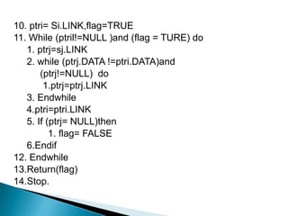 10. ptri= Si.LINK,flag=TRUE
11. While (ptril!=NULL )and (flag = TURE) do
   1. ptrj=sj.LINK
   2. while (ptrj.DATA !=ptri.DATA)and
       (ptrj!=NULL) do
        1.ptrj=ptrj.LINK
   3. Endwhile
   4.ptri=ptri.LINK
   5. If (ptrj= NULL)then
          1. flag= FALSE
   6.Endif
12. Endwhile
13.Return(flag)
14.Stop.
 