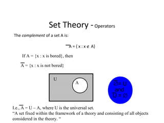 Set Theory -Operators
The complement of a set A is:
A = { x : x ∉ A}
If A = {x : x is bored}, then
A = {x : x is not bored}
A ∅= U
and
U = ∅
U
I.e., A = U – A, where U is the universal set.
“A set fixed within the framework of a theory and consisting of all objects
considered in the theory. “
 