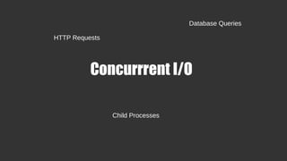 Concurrrent I/O
HTTP Requests
Database Queries
Child Processes
 