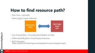 How to find resource path?
•

Start from /_api/web!

•

Client object model reference

•

List of assemblies: 15/config/clientcallable xml files

•

SPRemoteAPIExplorer Visual Studio Extension

•

REST Navigator
(http://sprest.architectingconnectedsystems.com/navigator.aspx)

#CDays14 – Milano 25, 26 e 27 Febbraio 2014

 