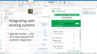 • Agenda builder…..the
first step towards full
outlook integration
Integrating with
existing systems
 