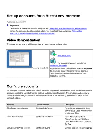 Set up accounts for a BI test environment
Published: May 26, 2011
Important:
This article is part of the baseline setup for the Configuring a BI infrastructure: Hands-on labs
series. To complete the steps in this article, you must first have completed Add a virtual
machine to the virtual domain in a BI test environment.
Video demonstration
This video shows how to add the required accounts for use in these labs.
Running time: 5:45
Watch the video.
For an optimal viewing experience,
download the video.
Right-click the link, and then click Save Target As
to download a copy. Clicking the link opens a
.wmv file in the default video viewer for full-
resolution viewing.
Configure accounts
To configure Microsoft SharePoint Server 2010 in a server farm environment, there are several domain
accounts needed to provide the most optimal and secure configuration. This article describes how to
create accounts and groups at the domain level for use in the remaining configuration steps in this
series of articles.
Account Domain account Description
SQL Server Administrator ContosoSQLAdmin Administrator account for SQL
Server 2008. Local Administrator
on Contoso-SQL.
Farm Administrator ContosoFarmAdmin Farm Administrator for the
SharePoint Server 2010 farm.
Local Administrator on Contoso-
AppSrv.
SQL Server service account ContosoSQLSvc Domain account for running SQL
 