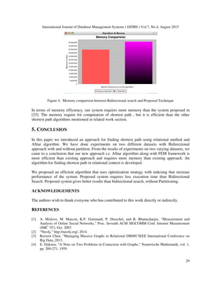 International Journal of Database Management Systems ( IJDMS ) Vol.7, No.4, August 2015
29
Figure 4: Memory comparison between Bidirectional search and Proposed Technique
In terms of memory efficiency, our system requires more memory than the system proposed in
[25]. The memory require for computation of shortest path , but it is efficient than the other
shortest path algorithms mentioned in related work section.
5. CONCLUSION
In this paper we introduced an approach for finding shortest path using relational method and
AStar algorithm. We have done experiments on two different datasets with Bidirectional
approach with and without partition. From the results of experiments on two varying datasets, we
came to a conclusion that our new approach i.e. AStar algorithm along with FEM framework is
more efficient than existing approach and requires more memory than existing approach. An
algorithm for finding shortest path in relational context is developed.
We proposed an efficient algorithm that uses optimization strategy with indexing that increase
performance of the system. Proposed system requires less execution time than Bidirectional
Search. Proposed system gives better results than bidirectional search, without Partitioning.
ACKNOWLEDGEMENTS
The authors wish to thank everyone who has contributed to this work directly or indirectly.
REFERENCES
[1] A. Mislove, M. Marcon, K.P. Gummadi, P. Druschel, and B. Bhattacharjee, “Measurement and
Analysis of Online Social Networks,” Proc. Seventh ACM SIGCOMM Conf. Internet Measurement
(IMC ’07), Oct. 2007.
[2] “Neo4j,” http://neo4j.org/, 2014.
[3] Ruiwen Chen, “Managing Massive Graphs in Relational DBMS"IEEE International Conference on
Big Data.,2013.
[4] E. Dijkstra, “A Note on Two Problems in Connexion with Graphs,” Numerische Mathematik, vol. 1,
pp. 269-271, 1959.
 