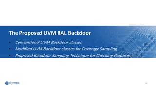 The Proposed UVM RAL Backdoor
• Conventional UVM Backdoor classes
• Modified UVM Backdoor classes for Coverage Sampling
• Proposed Backdoor Sampling Technique for Checking Proposes
18
 