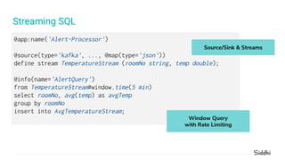 Streaming SQL
@app:name('Alert-Processor')
@source(type='kafka', ..., @map(type='json'))
define stream TemperatureStream (roomNo string, temp double);
@info(name='AlertQuery')
from TemperatureStream#window.time(5 min)
select roomNo, avg(temp) as avgTemp
group by roomNo
insert into AvgTemperatureStream;
Source/Sink & Streams
Window Query
with Rate Limiting
 
