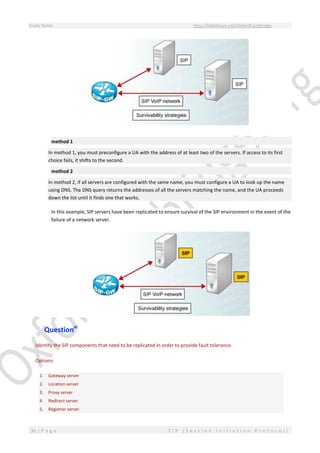 Study Notes http://SlideShare.net/OxfordCambridge
36 | P a g e S I P ( S e s s i o n I n i t i a t i o n P r o t o c o l )
method 1
In method 1, you must preconfigure a UA with the address of at least two of the servers. If access to its first
choice fails, it shifts to the second.
method 2
In method 2, if all servers are configured with the same name, you must configure a UA to look up the name
using DNS. The DNS query returns the addresses of all the servers matching the name, and the UA proceeds
down the list until it finds one that works.
In this example, SIP servers have been replicated to ensure survival of the SIP environment in the event of the
failure of a network server.
Questionxi
Identify the SIP components that need to be replicated in order to provide fault tolerance.
Options:
1. Gateway server
2. Location server
3. Proxy server
4. Redirect server
5. Registrar server
 
