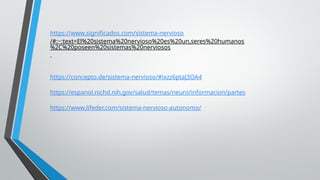https://www.significados.com/sistema-nervioso
/#:~:text=El%20sistema%20nervioso%20es%20un,seres%20humanos
%2C%20poseen%20sistemas%20nerviosos
.
https://concepto.de/sistema-nervioso/#ixzz6ptaJ3OA4
https://espanol.nichd.nih.gov/salud/temas/neuro/informacion/partes
https://www.lifeder.com/sistema-nervioso-autonomo/
 