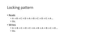 Locking pattern
• Reads
• A -> B -> C -> D -> A -> B -> C -> D -> E -> A …
• Etc.
• Writes
• A –> B -> C -> D -> E -> A -> B -> A -> B -> C -> D …
• Etc.
 