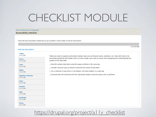 CHECKLIST MODULE
https://drupal.org/project/a11y_checklist
 