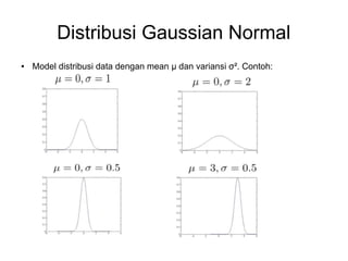 Distribusi Gaussian Normal
●

Model distribusi data dengan mean μ dan variansi σ². Contoh:

 