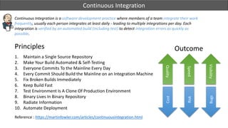 Continuous Integration is a software development practice where members of a team integrate their work
frequently, usually each person integrates at least daily - leading to multiple integrations per day. Each
integration is verified by an automated build (including test) to detect integration errors as quickly as
possible.
Principles
1. Maintain a Single Source Repository
2. Make Your Build Automated & Self-Testing
3. Everyone Commits To the Mainline Every Day
4. Every Commit Should Build the Mainline on an Integration Machine
5. Fix Broken Builds Immediately
6. Keep Build Fast
7. Test Environment Is A Clone Of Production Environment
8. Binary Lives In Binary Repository
9. Radiate Information
10. Automate Deployment
Reference : https://martinfowler.com/articles/continuousIntegration.html
Cost
Risk
Bugs
Quality
Speed
Visibility
Outcome
Continuous Integration
 
