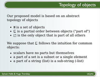 Sylvain Hallé & Hugo Tremblay
Our proposed model is based on an abstract
topology of objects
Topology of objects
𝖀 is a set of objects
⊑ is a partial order between objects ("part of")
□ is the only object that is part of all others
We suppose that ⊑ follows the intuition for common
objects:
scalars have no parts but themselves
a part of a set is a subset or a single element
a part of a string (list) is a sub-string (-list)
 