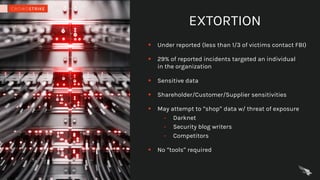 § Under reported (less than 1/3 of victims contact FBI)
§ 29% of reported incidents targeted an individual
in the organization
§ Sensitive data
§ Shareholder/Customer/Supplier sensitivities
§ May attempt to “shop” data w/ threat of exposure
- Darknet
- Security blog writers
- Competitors
§ No “tools” required
EXTORTION
 