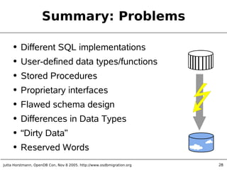 Jutta Horstmann, OpenDB Con, Nov 8 2005. http://www.osdbmigration.org 28
Summary: Problems
● Different SQL implementations
● User-defined data types/functions
● Stored Procedures
● Proprietary interfaces
● Flawed schema design
● Differences in Data Types
● “Dirty Data”
● Reserved Words
 