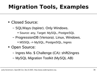 Jutta Horstmann, OpenDB Con, Nov 8 2005. http://www.osdbmigration.org 30
Migration Tools, Examples
● Closed Source:
– SQLWays (Ispirer). Only Windows.
● Source: any, Target: MySQL, PostgreSQL
– ProgressionDB (Versora). Linux, Windows.
● MSSQL -> MySQL, PostgreSQL, Ingres
● Open Source:
– Ingres Mio. $ Challenge (CA): shift2ingres
– MySQL Migration Toolkit (MySQL AB)
 