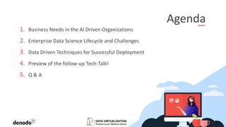 Agenda
1. Business Needs in the AI Driven Organizations
2. Enterprise Data Science Lifecycle and Challenges
3. Data Driven Techniques for Successful Deployment
4. Preview of the follow-up Tech-Talk!
5. Q & A
 