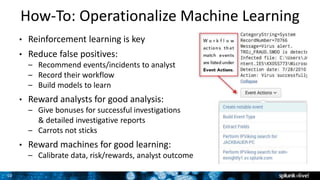 10
How-To: Operationalize Machine Learning
• Reinforcement learning is key
• Reduce false positives:
– Recommend events/incidents to analyst
– Record their workflow
– Build models to learn
• Reward analysts for good analysis:
– Give bonuses for successful investigations
& detailed investigative reports
– Carrots not sticks
• Reward machines for good learning:
– Calibrate data, risk/rewards, analyst outcome
 