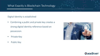 What Exactly is Blockchain Technology
Digital Identity is established
• Combining a public and private key creates a
strong digital identity reference based on
possession.
• Private Key
• Public Key
 