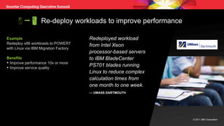 Redeployed workload from Intel Xeon processor-based servers to IBM BladeCenter PS701 blades running Linux to reduce complex calculation times from one month to one week. —  UMASS DARTMOUTH Example Redeploy x86 workloads to POWER7  with Linux via IBM Migration Factory Benefits Improve performance 10x or more Improve service quality Re-deploy workloads to improve performance 